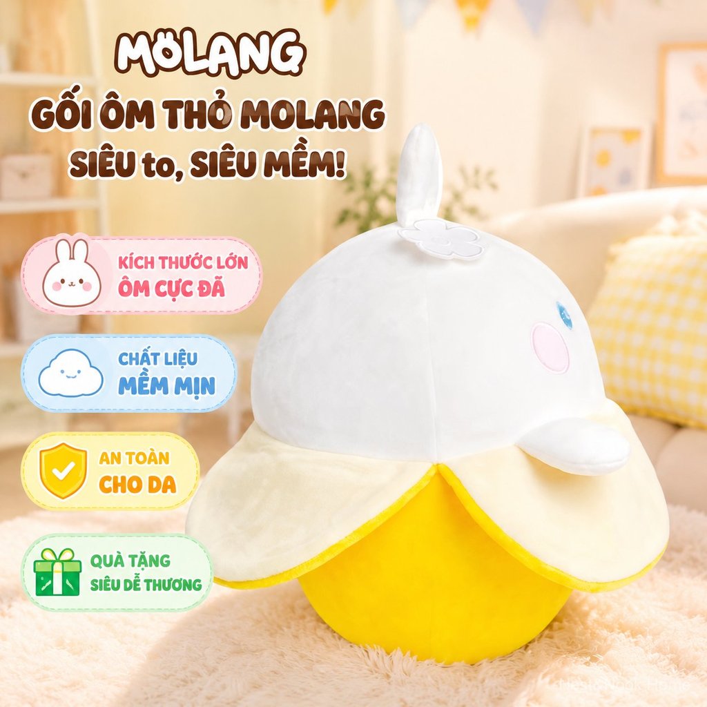 Gối ôm thỏ cánh hoa MOLANG chính hãng cỡ lớn, thú nhồi bông mềm mại đáng yêu, quà tặng sinh nhật