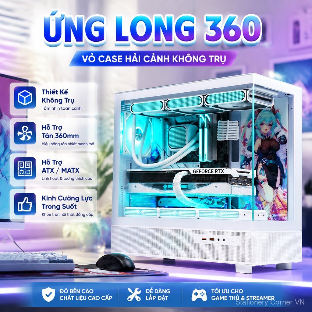Case ATX Yinglong 360 không trụ, kính cường lực toàn cảnh, tản nhiệt tốt, bền đẹp dễ lắp