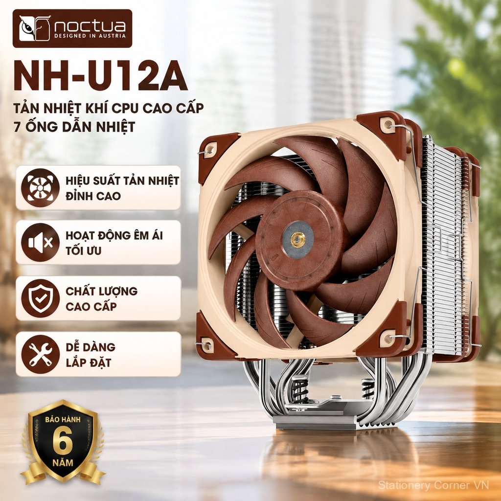 Tản nhiệt CPU Noctua NH-U12A 7 ống đồng, quạt êm, hiệu năng cao, bền bỉ cho PC