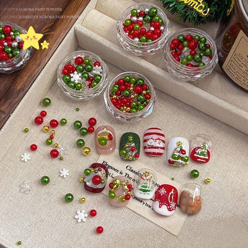 [JBTH] 1 Hộp Giáng Sinh Ngọc Trai Đỏ / Xanh Bông Tuyết Móng Tay Kim Cương Giả Kích Thước Hỗn Hợp Ngọ