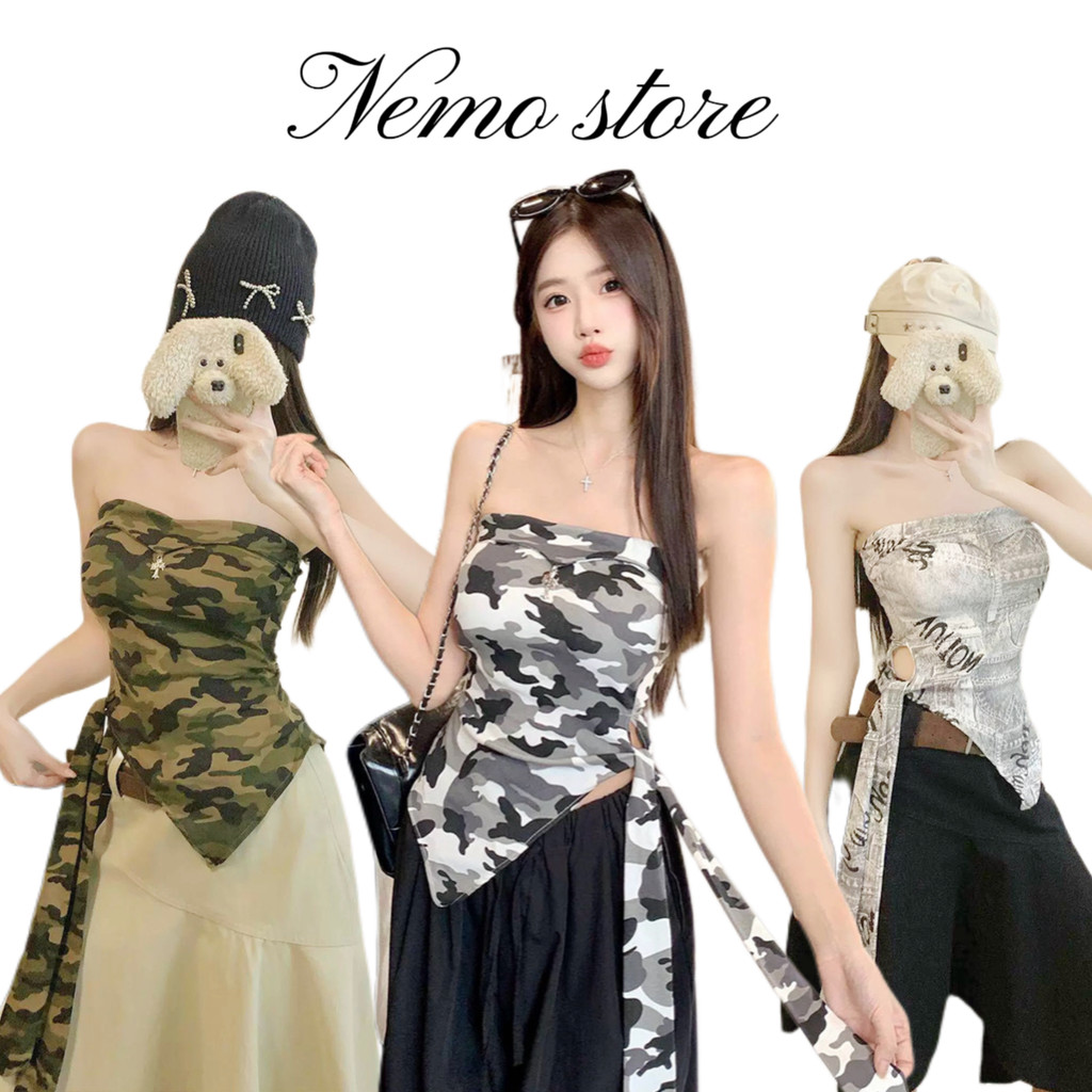 Nemo store FY66033 Ống Top Có Đệm Bọt Mát Họa Tiết Quân Sự Chi Tiết Rất Dễ Thương Và Phong Cách.