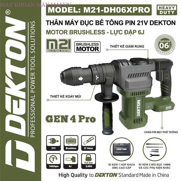 Thân máy đục bê tông pin DEKTON M21-DH06XPRO, Gen 4 Pro Không chổi thanm Lực dập 6J MAYKHOANMAYMAIVN