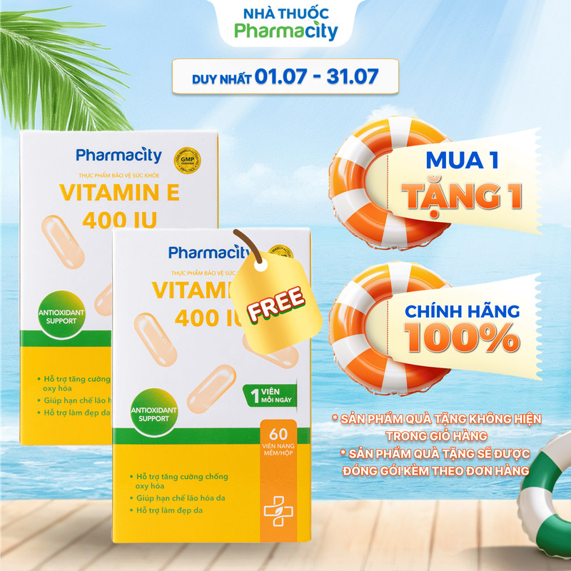 Viên uống Pharmacity Vitamin E 400IU hỗ trợ tăng cường chống oxy hóa, làm đẹp da (Chai 60 viên)