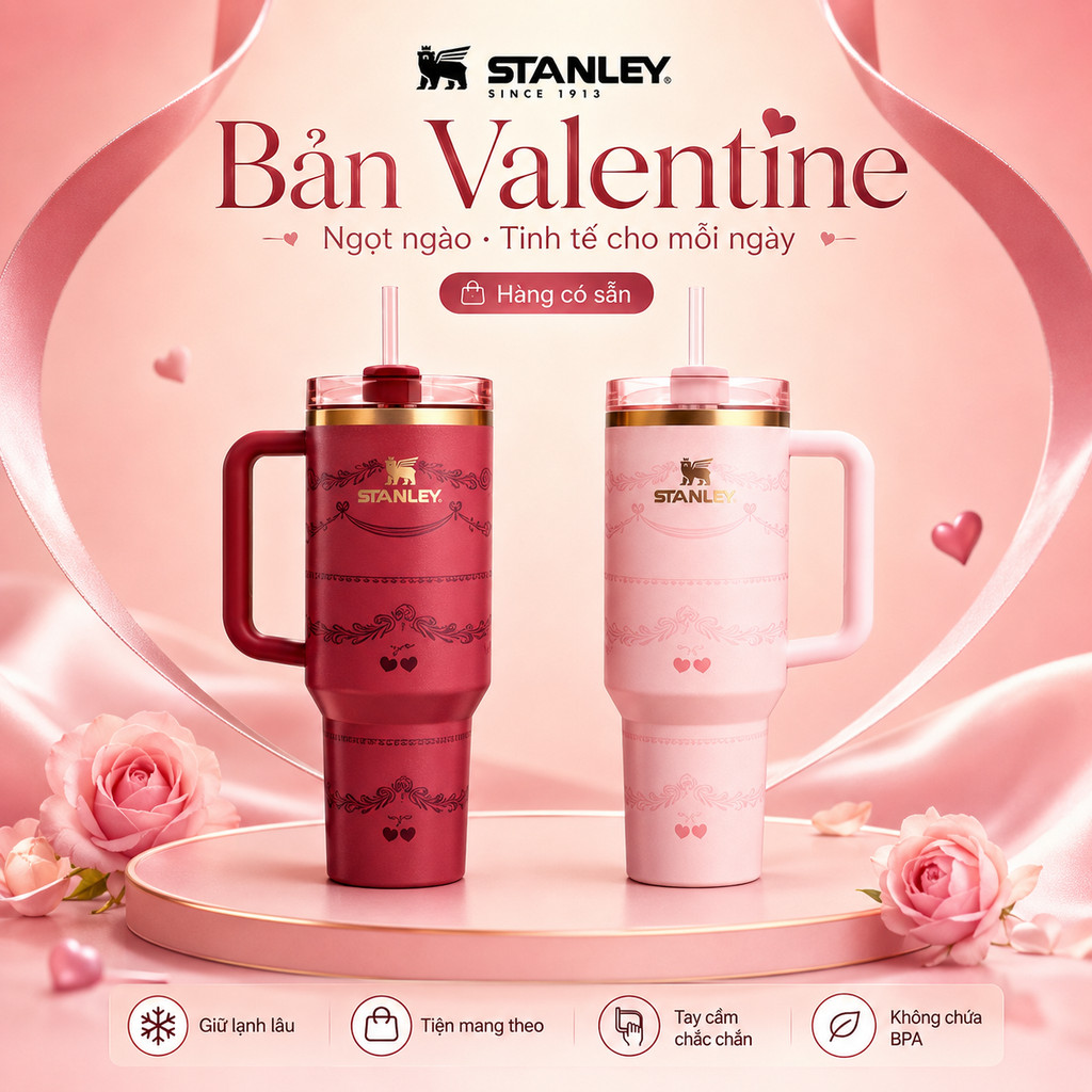 [Hàng chính hãng]Stanley Valentine’s Day 2026 phiên bản giới hạn, cốc giữ nhiệt nhung hồng họa tiết 