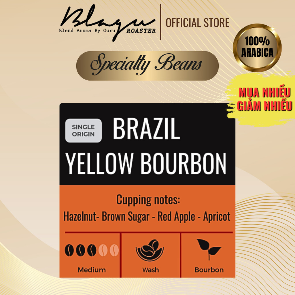 Cà Phê Đặc Sản Blagu - Brazil Yellow Bourbon - 100% Arabica - Medium - Túi 250gram