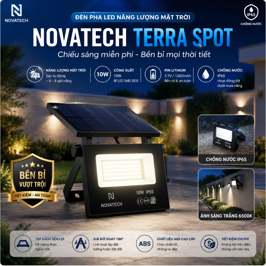 Đèn pha Led năng lượng mặt trời Novatech ( Pháp ) công suất 10W , chống nước IP65, Panel liền
