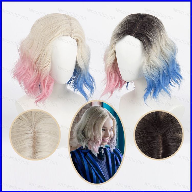 GN Enid Sinclair Cosplay Tóc Giả The Addams Family Cos Ngắn Màu Be Xanh Gradient Tóc Lông Tơ Tóc Chị