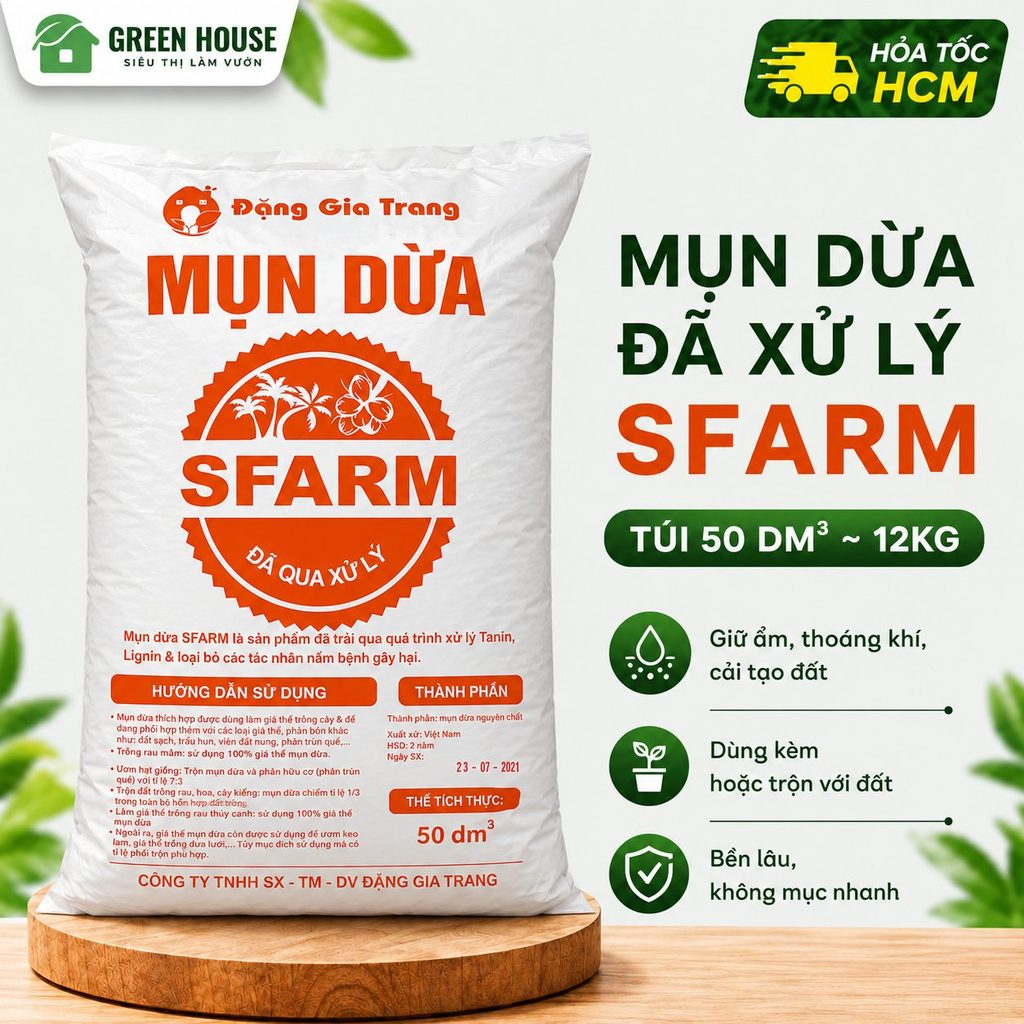 Mụn Dừa Sfarm Bao 50dm 12kg Đã Qua Xử Lý Tanin Lignin | Cải tạo đất tơi xốp | Green House