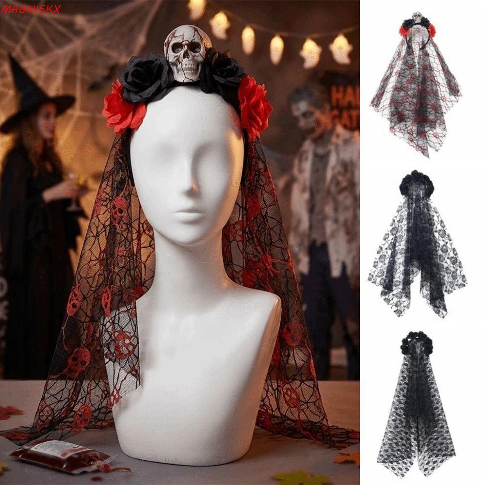 MAGNSKX‌ Ma Cô Dâu Đầu, Gothic Ren Lưới Đầu Lâu Mạng Lưới Veil Băng Đô Quấn Tóc, Trang Phục Hallowee