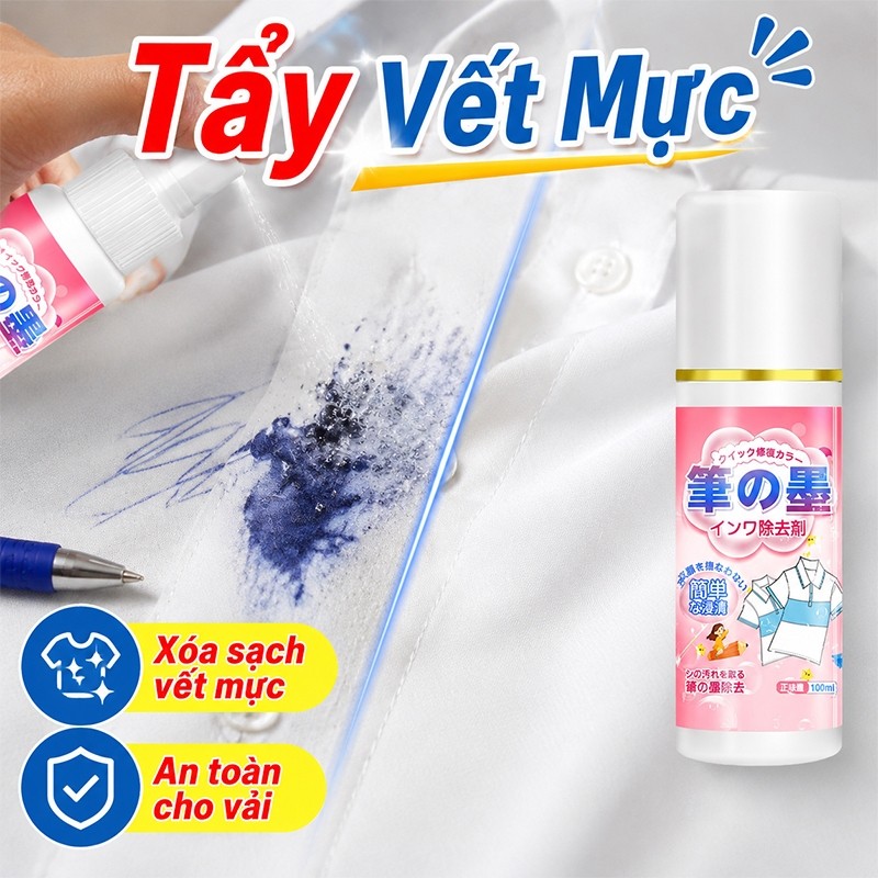 Tẩy Vết Mực Bút Bi Trên Quần Áo 100ml - Làm Sạch Vết Mực Bút Bi, Dịch Tẩy Vết Mực Bút Bi Bút Lông