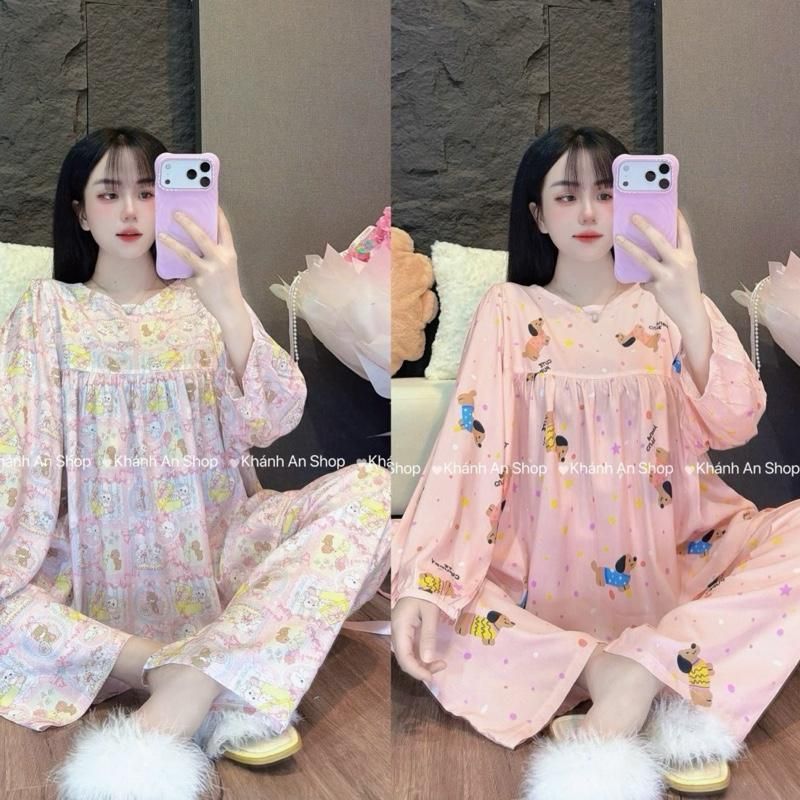 SA.LE HÀNG CHUẨN Khánh An Shop Babydoll KA123 - Đồ Bộ Tole Lanh Nữ Mặc Nhà Áo Cổ Tròn Tay Dài Quần D