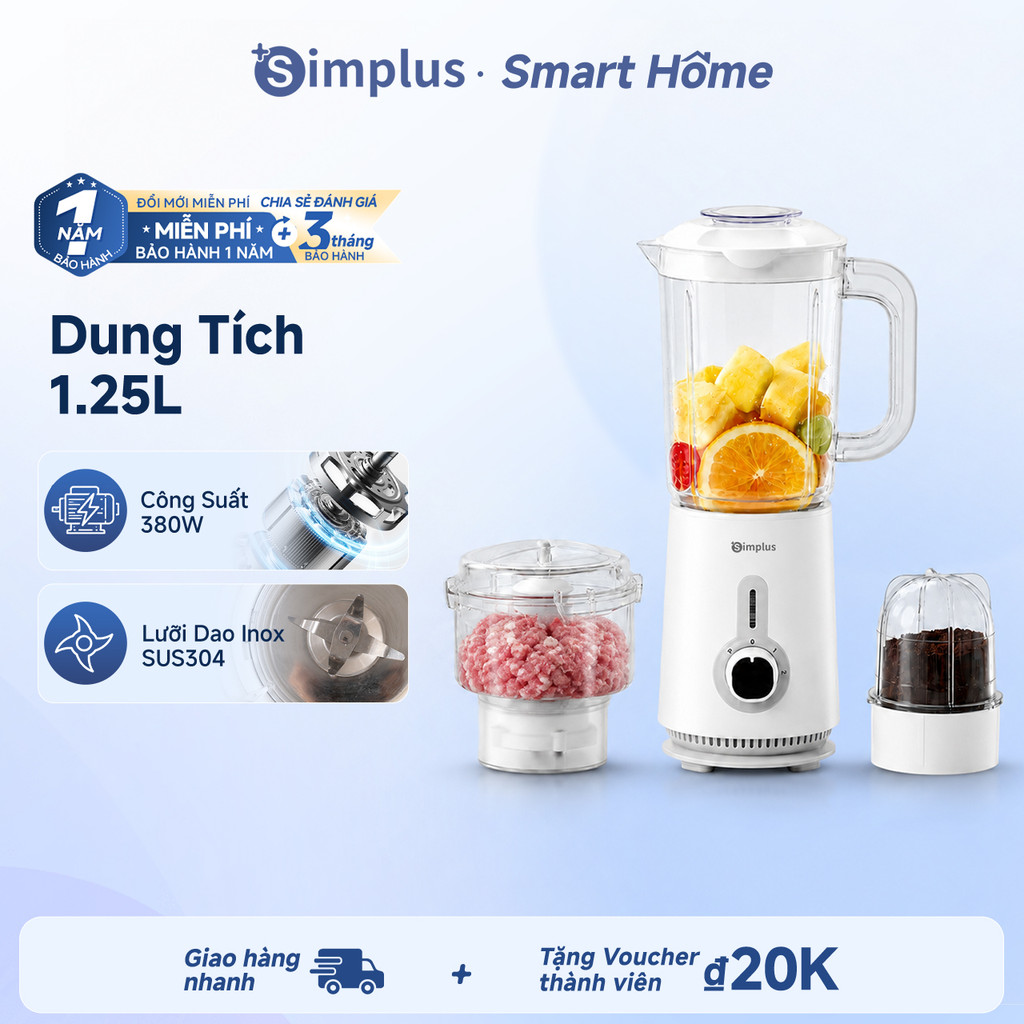 Máy Xay Sinh Tố Đa Chức Năng Simplus 1.25L - Công suất lớn 380W - 3 cối đa dụng - Lưỡi dao thép khôn