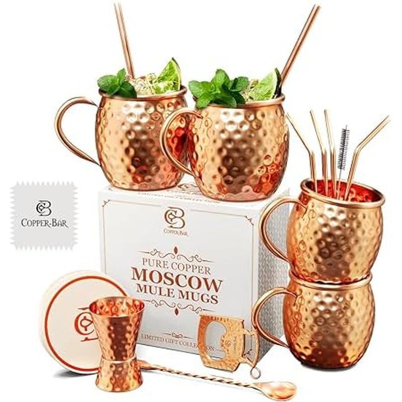 COPPER-BAR Moscow Mule Copper Mugs - Unique HANDCRAFTED Gift Set of 4, Hammered by Artisan, 100% Pur