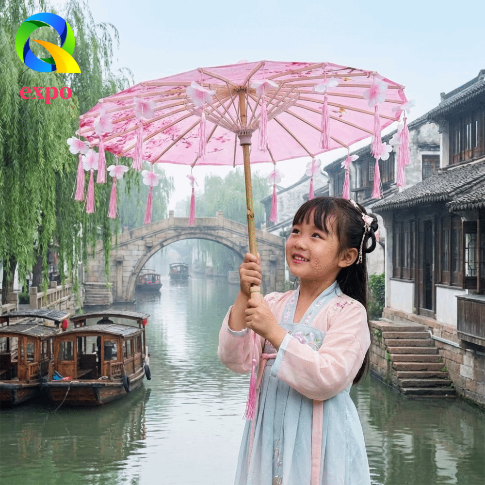 EXPO LIMIT Ô Cổ Trung Quốc, Ô Tua Rua Vải Chống Mưa Phong Cách Trung Quốc, Trang Trí Cổ Điển 56cm Cầ