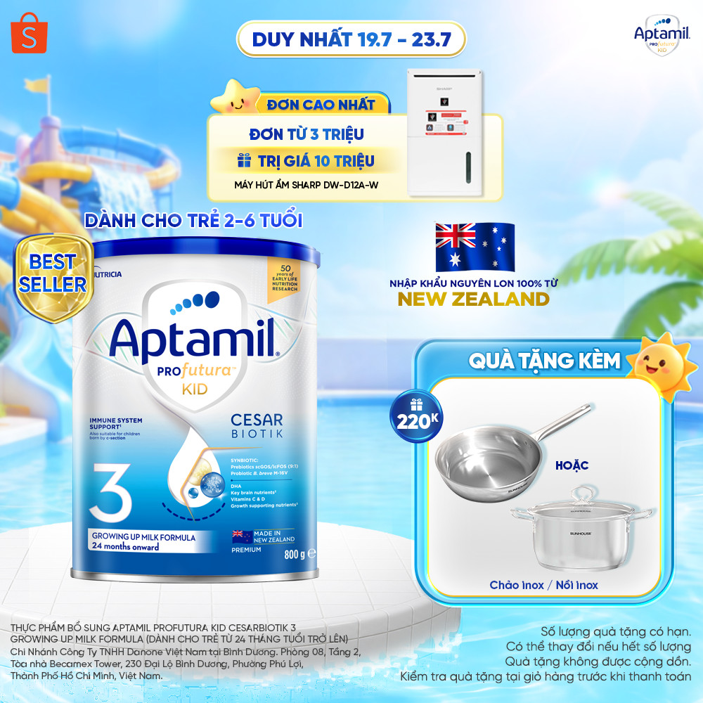 [MUA LÀ CÓ QUÀ] Sữa bột Aptamil Kid Cesarbiotik New Zealand số 3 (800g) cho bé 2-6 tuổi_LSHN