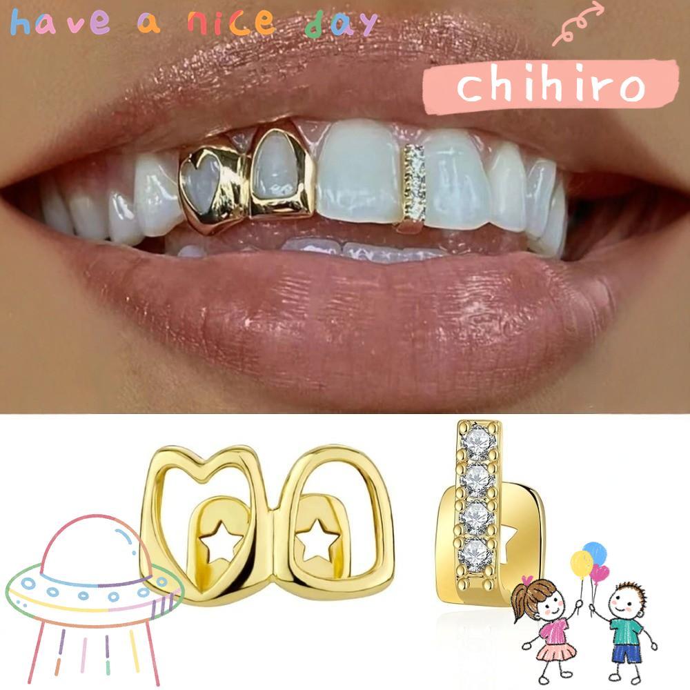 CHIHIRO Grillz, Màu Vàng Trái Tim Rỗng Hip Hop Răng Grillz, Đồng Sáng Bóng Đôi Trái Tim Răng Mũ Tran