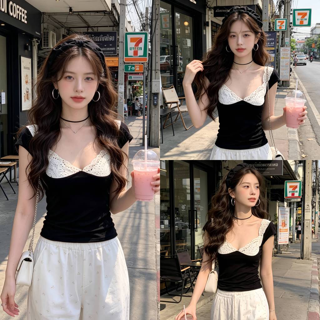 Áo Sơ Mi Cổ Vuông Nữ Tay Ngắn Trang Trí Có Ren Slim Fit Đen Phong Cách Hàn Quốc-A2461