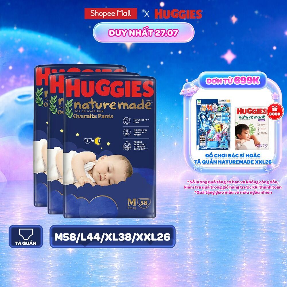 Combo 3 Tã quần Huggies Naturemade ban đêm M58/L44/XL38/XXL26