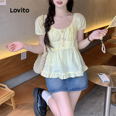 (Phong cách thường ngày) Lovito Áo sơ mi có nút xếp ly trơn dễ thương dành cho nữ L122AD055