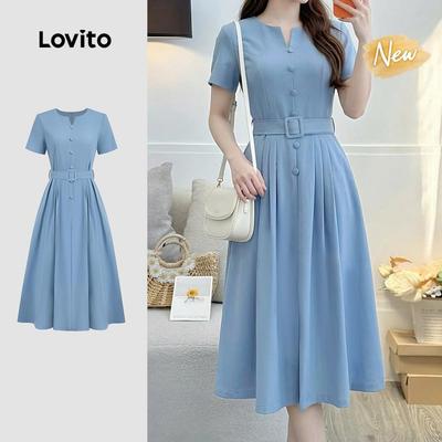 (New Arrival) Lovito Đầm Nữ Mùa Xuân/Hè Xanh Dương Thắt Lưng Nút Cài Xếp Ly Thanh Lịch LBL37074