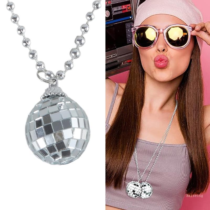 Stylish Mirror Disco  Necklace 70s Beaded Neckchain Vintage Pendant Neckwear