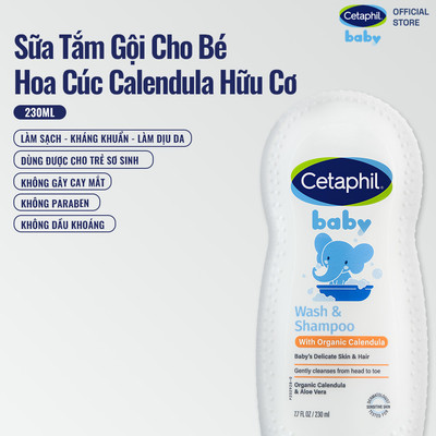 Sữa tắm gội dưỡng ẩm dịu lành cho bé với Calendula hoa cúc hữu cơ CETAPHIL BABY W&SHAMPOO CALENDULA 230ML