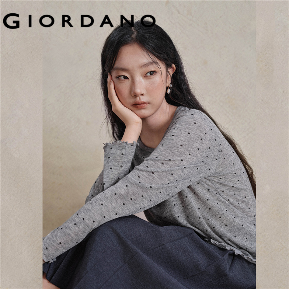 GIORDANO WOMEN Polka dot lettuce trim long sleeve tee 18326715