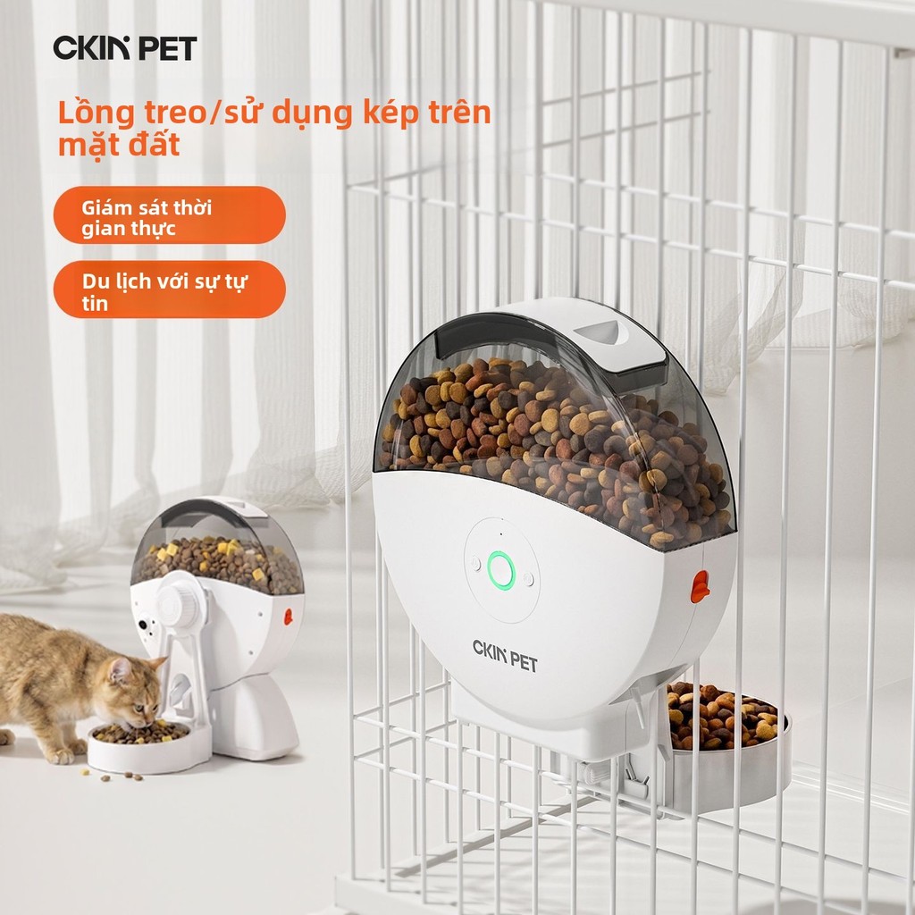 Máy cho ăn Ckin Pet treo lồng camera từ xa cho chó mèo