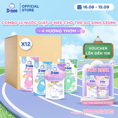 COMBO 12 Túi Nước giặt D-nee cho trẻ sơ sinh, mềm dịu, thơm nhẹ 530ML - 4 Hương Thơm