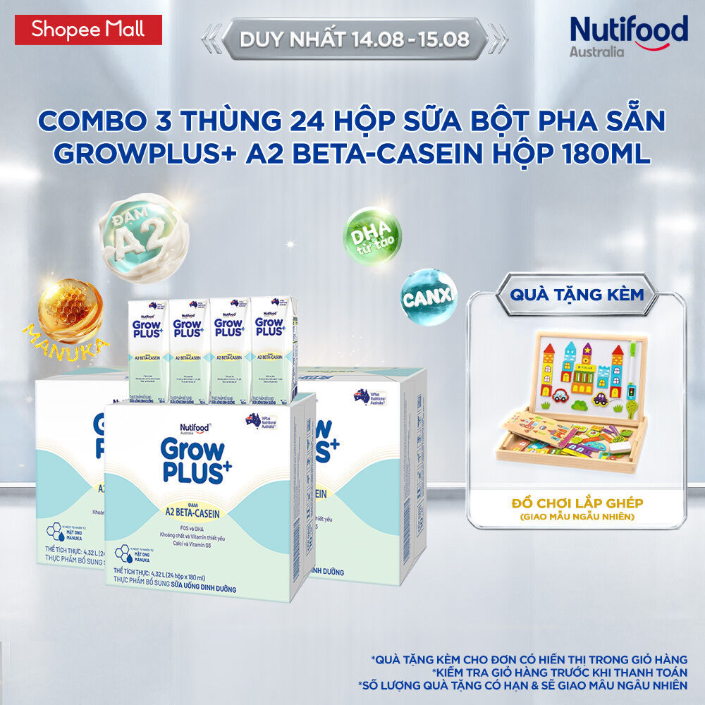 Combo 3 x Thùng 24 hộp Sữa bột pha sẵn GrowPLUS+ Đạm A2 Beta-Casein Hộp 180ml