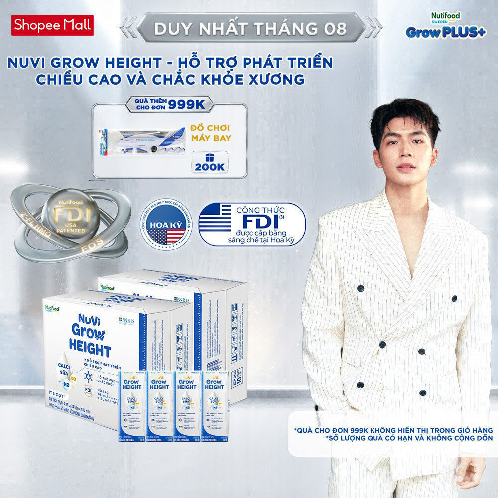 Combo 2 Thùng 24 hộp SBPS Nuvi Grow Height 1+ hỗ trợ phát triển chiều cao hộp 180ml