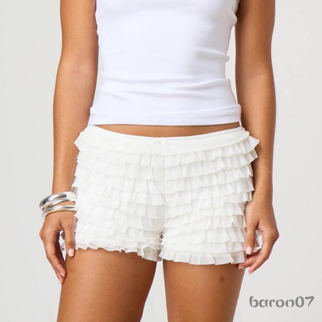 [xRsR] Quần short lưới nữ Quần short Mini xếp lớp màu trơn