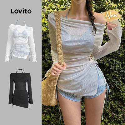 (New Arrival) Lovito  Bộ bikini Boho 3 món phối hợp họa tiết màu xanh dương dành cho nữ mùa xuân/hè LNE148947