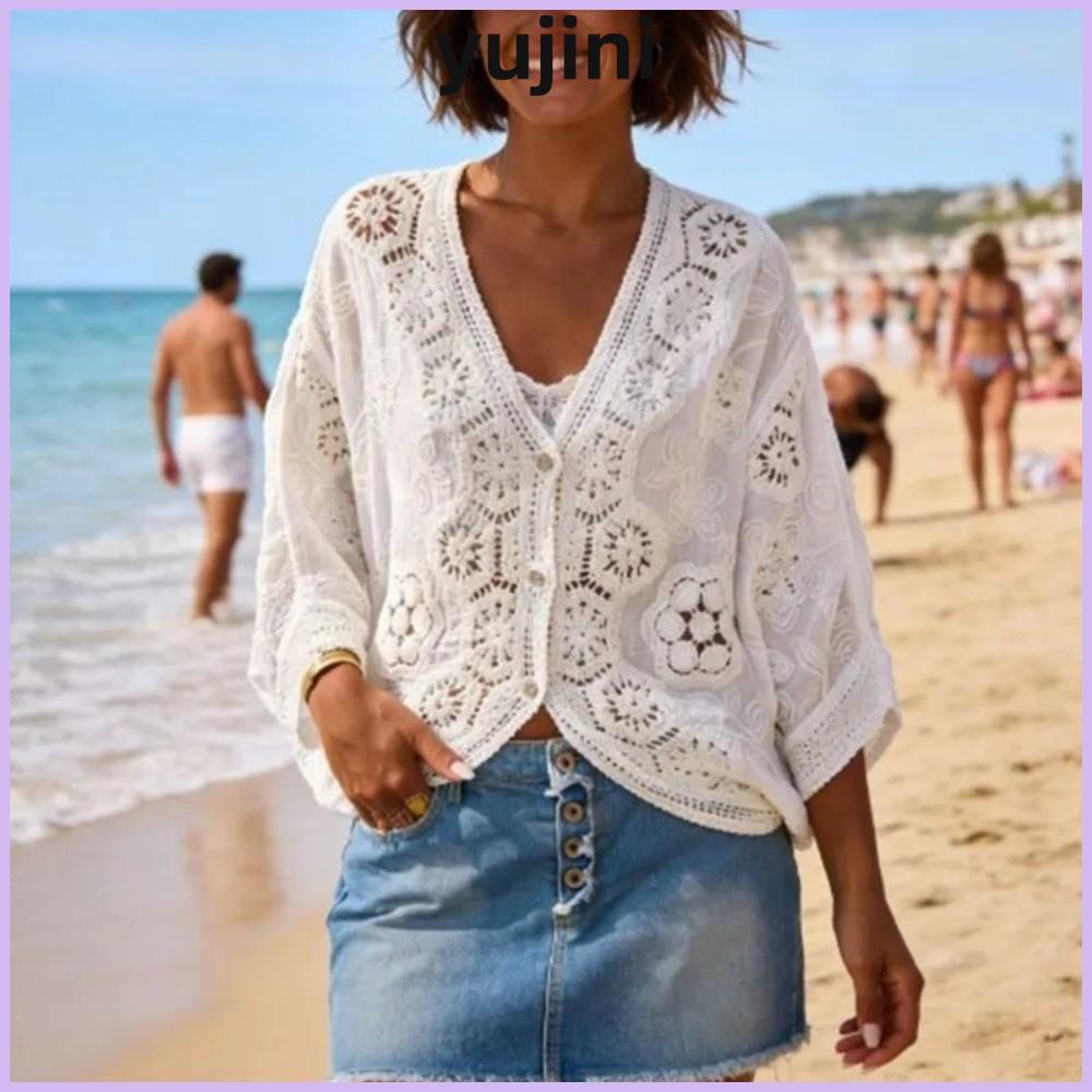 Áo len móc YUJINI, Ren hoa 3 / 4 tay áo, Phong cách Boho Crop Chiều dài mở Nút trước Áo len Boho Tra