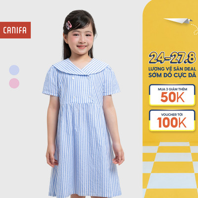 Váy liền bé gái CANIFA dáng babydoll cộc tay cổ thủy thủ họa tiết kẻ 1DS26S009