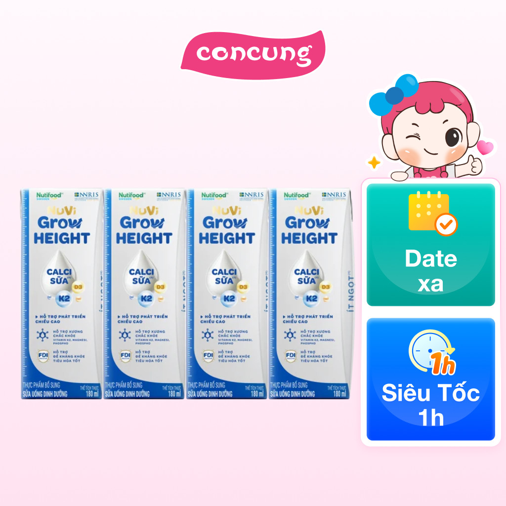 1 Thùng Sữa Bột Pha Sẵn NUVI GROW HEIGHT ít đường 180ML (6 lốc, lốc 4 hộp)