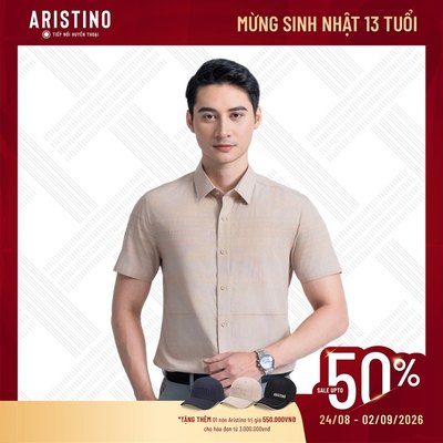 Sơ mi nam tay ngắn ARISTINO màu be kẻ dệt dobby cao cấp ASS029AZ