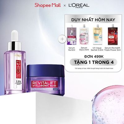 Bộ đôi serum cấp ẩm 1.5% HA 30ml & kem dưỡng đêm chống rãnh nhăn lão hóa sớm Revitalift Line Plumping L'Oreal Paris 50ml