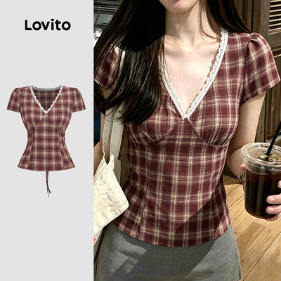 (New Arrival) Lovito Áo Blouse Nữ Cổ Ruffle Buộc Nơ Lưng Mùa Xuân/Hè Đỏ Trắng L196ED612