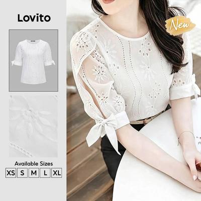 (New Arrival) Lovito Áo Boho Ren Trắng Xếp Ly Dây Rút Xuân/Hè cho Nữ BLK8P1D394