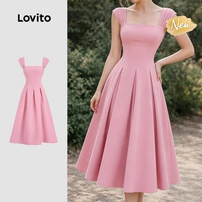 (New Arrival) Lovito Đầm nữ màu hồng xuân hè đơn giản dáng xếp ly thiết kế thanh lịch L198ED3111