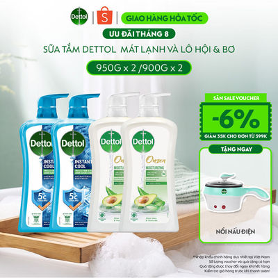 Combo 4 chai sữa tắm Dettol: 2 chai mát lạnh tức thì 950g và 2 chai Lô hội & Bơ 900g