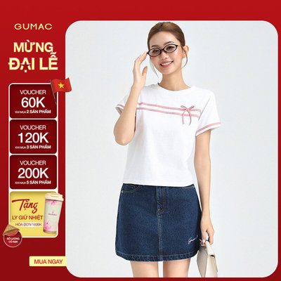 Áo Thun Nữ GUMAC Tay Ngắn Cổ Tròn Phối Bo Màu Đính Nơ Thanh Lịch LATF0423