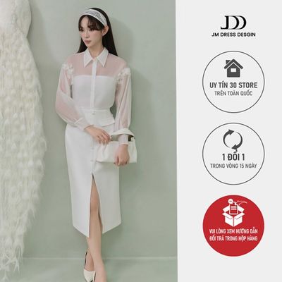 Áo Sơ Mi Tay Chờm Đính Hoa 2S25.2507OG + Chân Váy Xẻ Trước Cạp Liền 4L09.2507K – Set Đồ Trắng Nữ Tính, Thanh Lịch JM