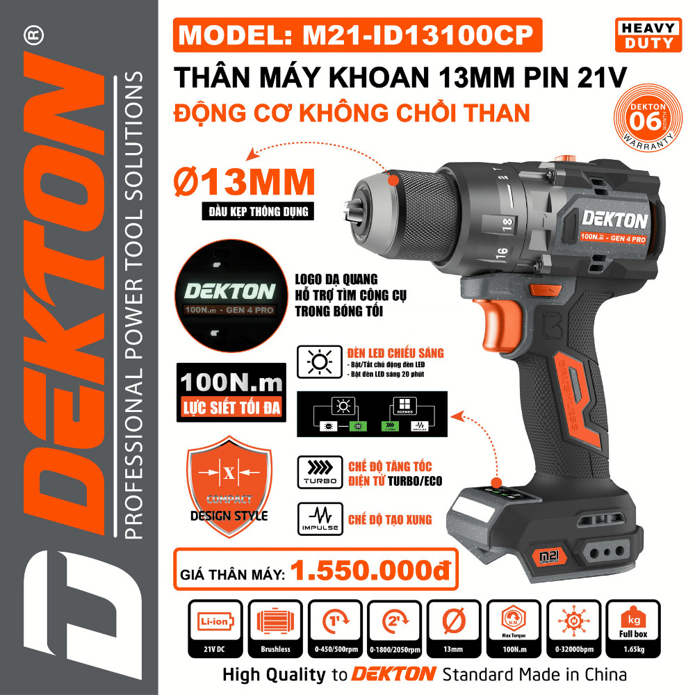 Thân máy khoan pin 21V DEKTON M21-ID13100CP / M21-ID13100XCP - Lực siết đối đa 100N.m