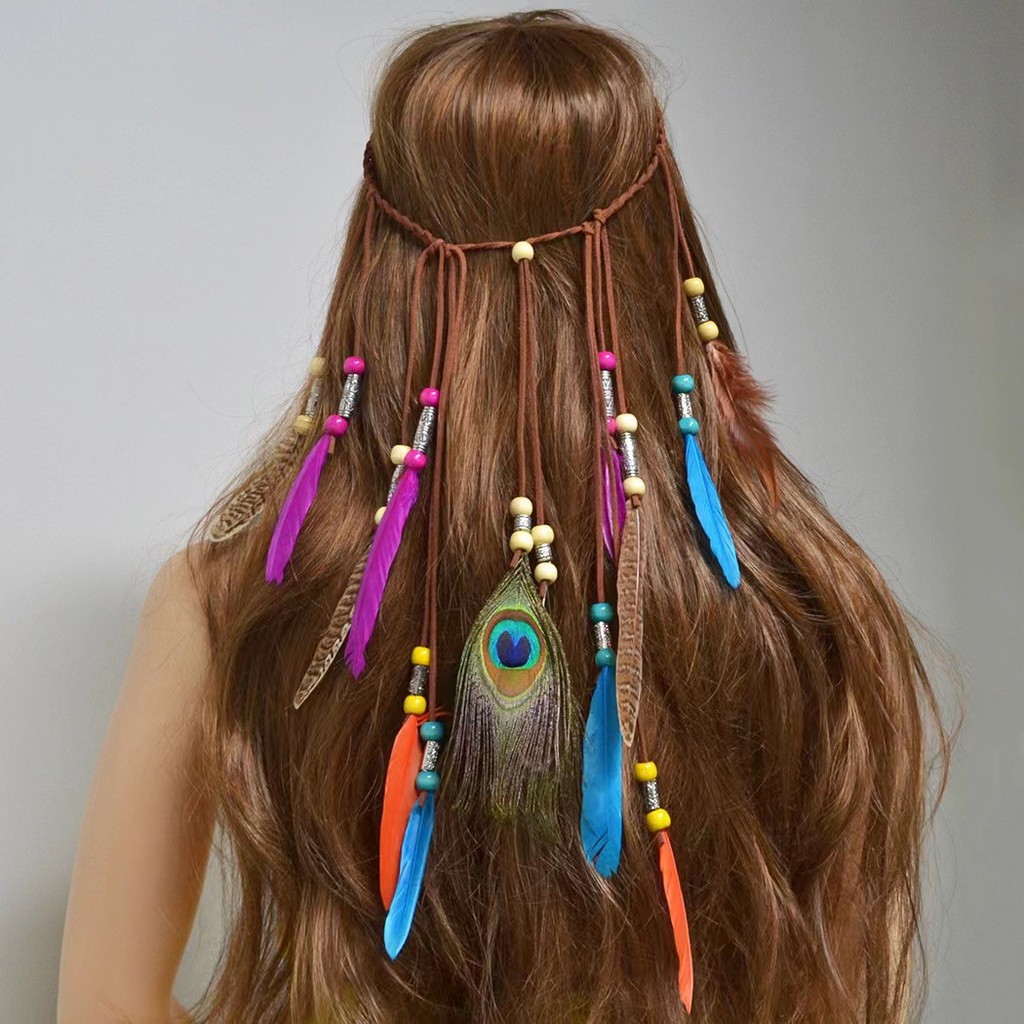 Bohemian Feather Headband Peacock Feather Đính cườm Kỳ nghỉ Chụp ảnh Phong cách dân tộc Băng đô