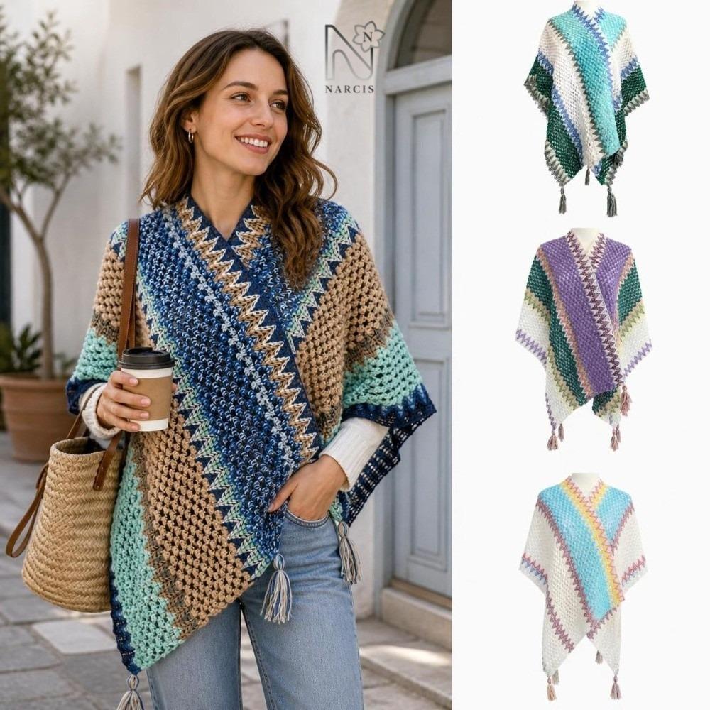 NARCIS Bohemian Đan Poncho, Áo Chui Đầu Sọc Màu Áo Quấn Dệt Kim, Tua Rua Dân Tộc Thông Thường Boho B