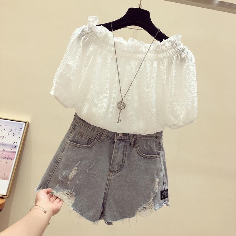 57 Tay Ngắn Puff Nữ Mùa Hè Tất Cả Các Mảnh Áo plus size Áo Ruffle