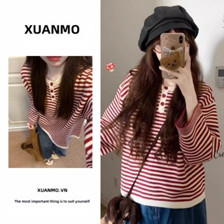  Áo len đỏ giáng sinh Áo len dệt kim sọc đỏ mùa thu đông phiên bản Hàn Quốc dành cho nữ 