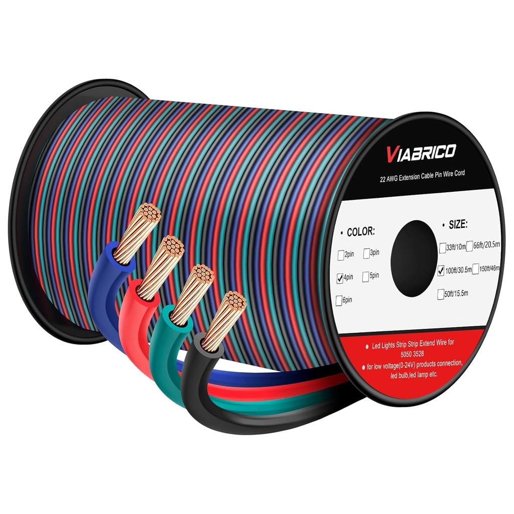 VIABRICO 100ft 18AWG Cáp nối dài dây RGB 4pin, Dây led 18AWG Cáp nhôm 12V / 24V DC, cho dải đèn LED 